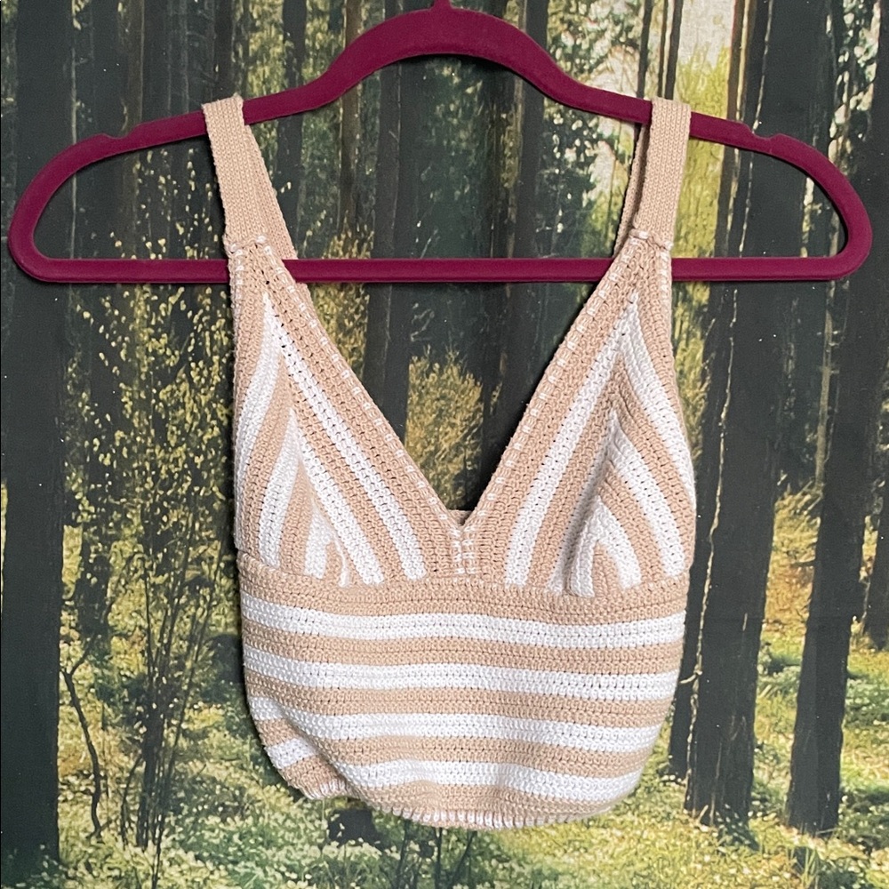 Cream & White Striped Crochet Crop Top